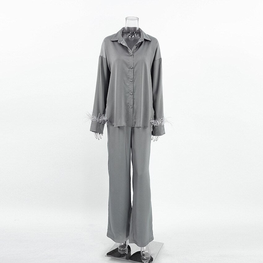 Elegant Sleepwear Pajama Pants Suit Woman Fashion Long Sleeve Feather Blouses Loose Long Pants 2 Piece Sets Womens Outfits