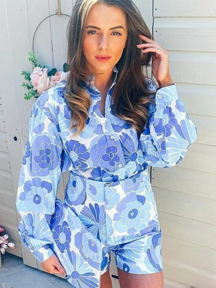 goosudu Flower Print Blue Short Sets Women Matching Set Blue Summer Spring Two Pieces Sets Suits Oversized Top Shorts