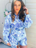 goosudu Flower Print Blue Short Sets Women Matching Set Blue Summer Spring Two Pieces Sets Suits Oversized Top Shorts