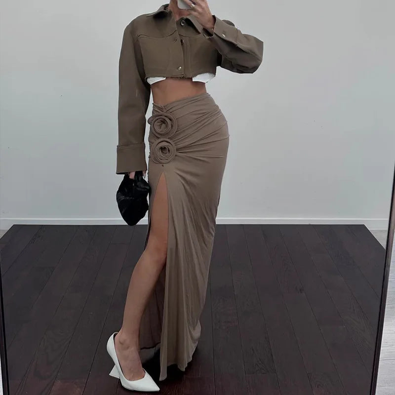 Elegant Ruched Split Maxi Skirts for Women Floral Applique Trim Fashion Outfits Vacation Beachwear Skirt Bottom