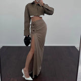 Elegant Ruched Split Maxi Skirts for Women Floral Applique Trim Fashion Outfits Vacation Beachwear Skirt Bottom