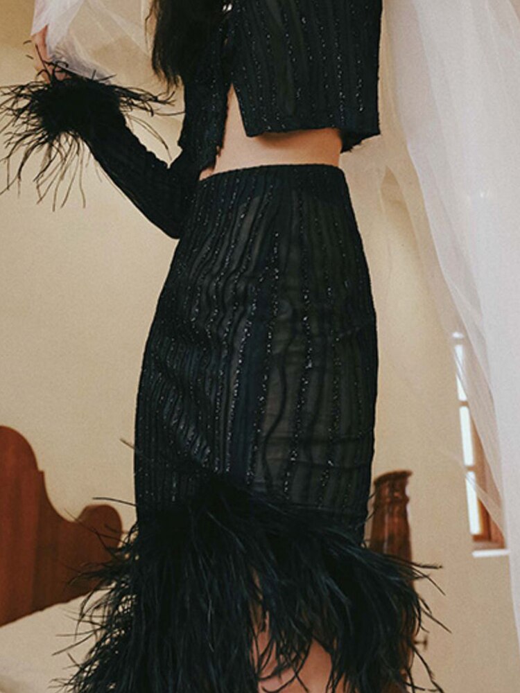 Feathers Hem Skirt For Women High Waist Asymmetrical Solid Sexy Midi Skirts Female Clothing Summer Fashion New