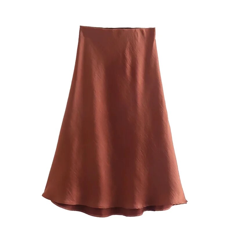 woloong  Summer Women Satin Elastic Waist Side Slit A-Line Skirt New Fashion Lady Button Decoration Falda Midi LUJIA ALAN P1597