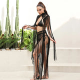 Tassel Hand Crochet Knitted Women Bikini Cover Ups  Summer Holiday Beach Bathing Suit Sexy Hollow Out Skirts Matching Set