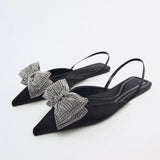 woloong  Summer Sandals Luxury Women New Cute Fashion Black Bow Tie Rhinestone Pointed Flat Sexy Slippers Plus Size 35-41