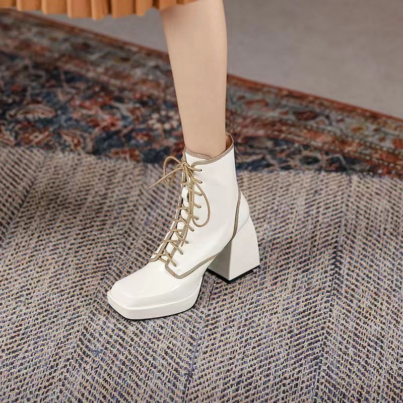 woloong  Thick Heel  Boots Autumn Winter New Fashion Side Zipper Lace Non-slip Waterproof Platform Thick-soled Women's Boots ANKLE