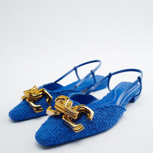 woloong  Brand Fashion Women Shoes Spring Summer New Blue Back Empty Personality Sandals Metal Decoration Flat All-match Mules