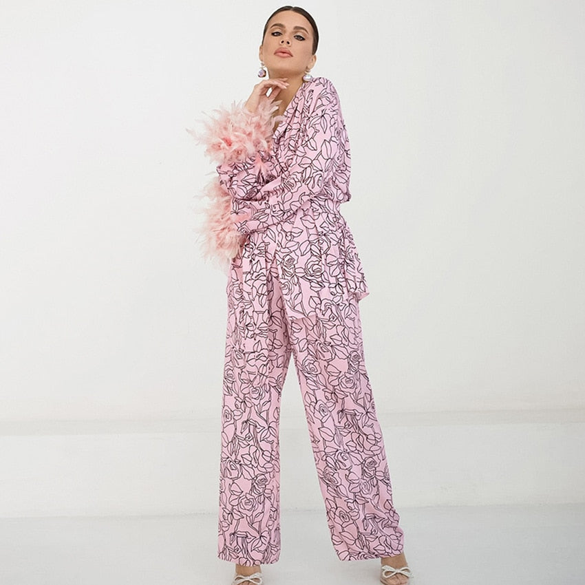 Flowers Print Feather Sleeves Sleepwear Abstract Pattern Loungewear Women Pajama Fashion Women's Clothing Sets Suit