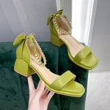 woloong Brand Ladies Sandal Spring New Fairy Pearl Sandals Sweet Square Heel with Mesh Crystal Temperament High Heels Tenis Masculino