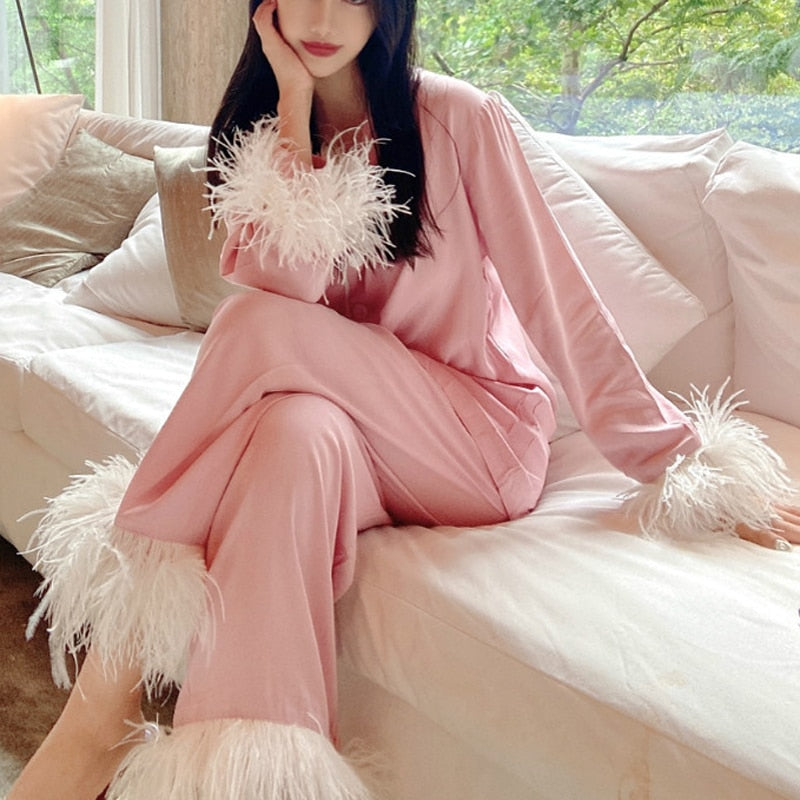 Sleepwear for Women New Cute Silk Cotton Light Luxury Ostrich Wool Pajamas Two-Piece Set Solid Color Home Suit