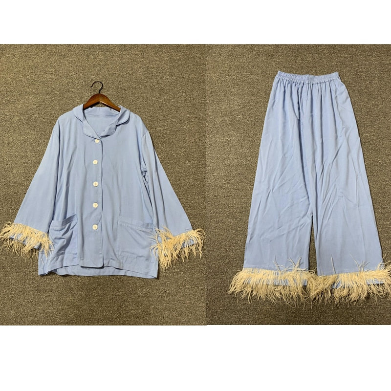 Sleepwear for Women New Cute Silk Cotton Light Luxury Ostrich Wool Pajamas Two-Piece Set Solid Color Home Suit