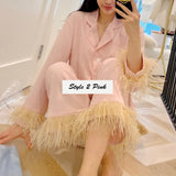 Sleepwear for Women New Cute Silk Cotton Light Luxury Ostrich Wool Pajamas Two-Piece Set Solid Color Home Suit