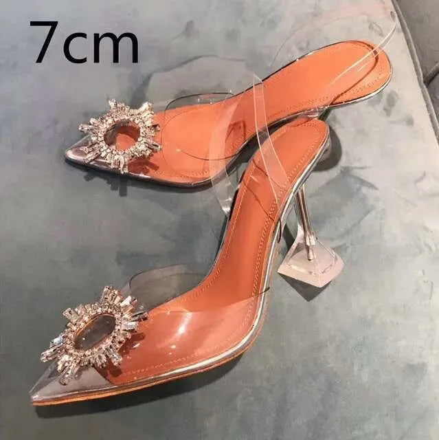 Summer New Pointed Rhinestone Odd Heel Stiletto Ladies Sun Decoration Wild Fairy PVC Transparent Crystal Shoes Kq8