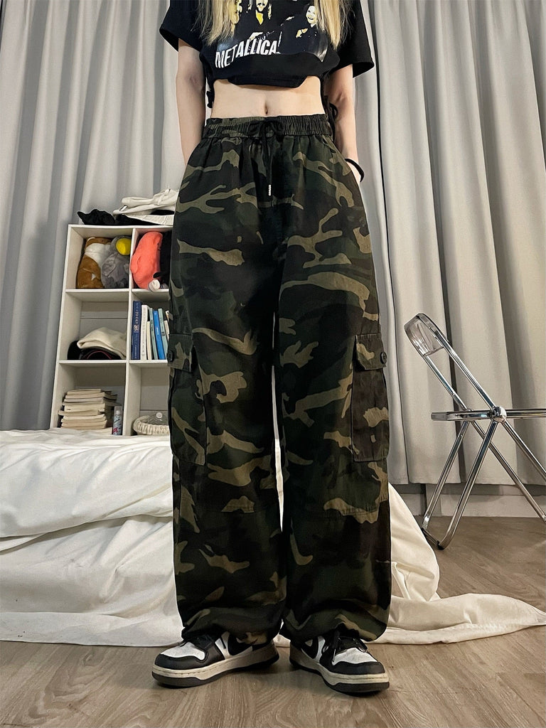 goosudu Brianna Army Green Camouflage Streetwear Multi-Pocket High Waist Straight Leg Cargo Pants