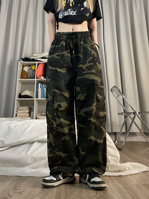 goosudu Brianna Army Green Camouflage Streetwear Multi-Pocket High Waist Straight Leg Cargo Pants