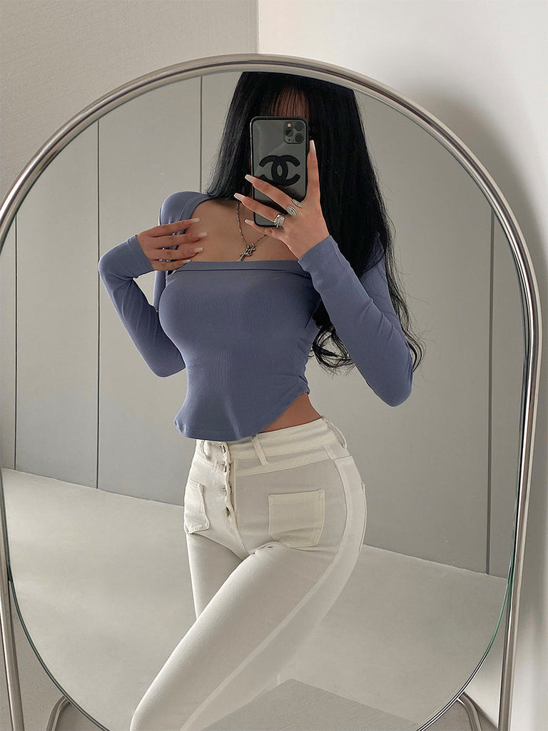 goosudu Angela Solid Color Square Neck Long Sleeve Slim Top