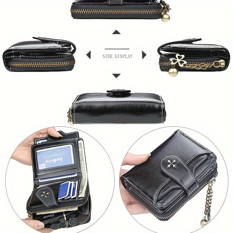 Retro Zipper Around Short Wallet, Multi Card Slots Coin Purse, Women's Buckle Credit Card Holder