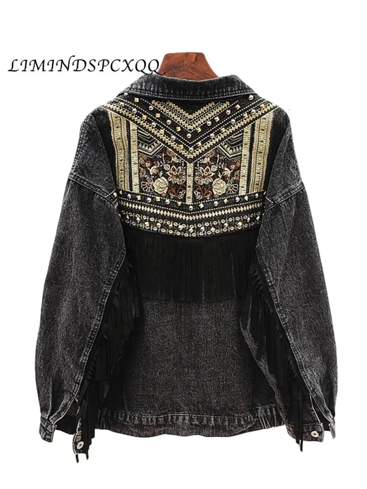 Denim Jacket Korean Floral Embroidery Suede Fringe Loose Chaquetas Mujer Coat Long Sleeve Outerwear Women Veste Femme 240311