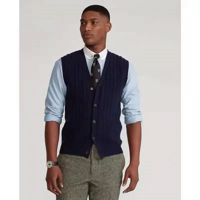 Fashionable men's designer sweater, European and American warm and slim fit casual V-neck sweater, embroidered sleeveless men's cardigan top