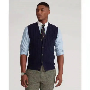 Fashionable men's designer sweater, European and American warm and slim fit casual V-neck sweater, embroidered sleeveless men's cardigan top