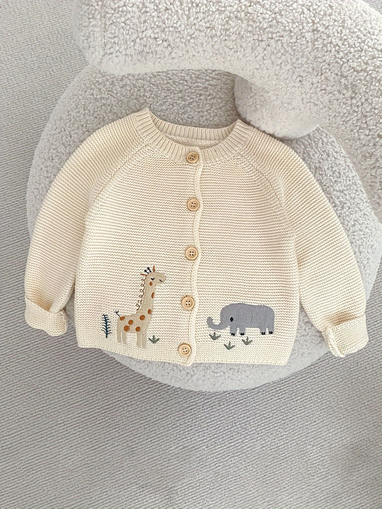Adorable Baby Girl's Embroidered Cardigan - Soft Knitted Coat with Fun Giraffe and Elephant Graphic Print, Casual Comfortable Wear for Daily Life and Outdoor Activities in Spring and Autumn Seasons
