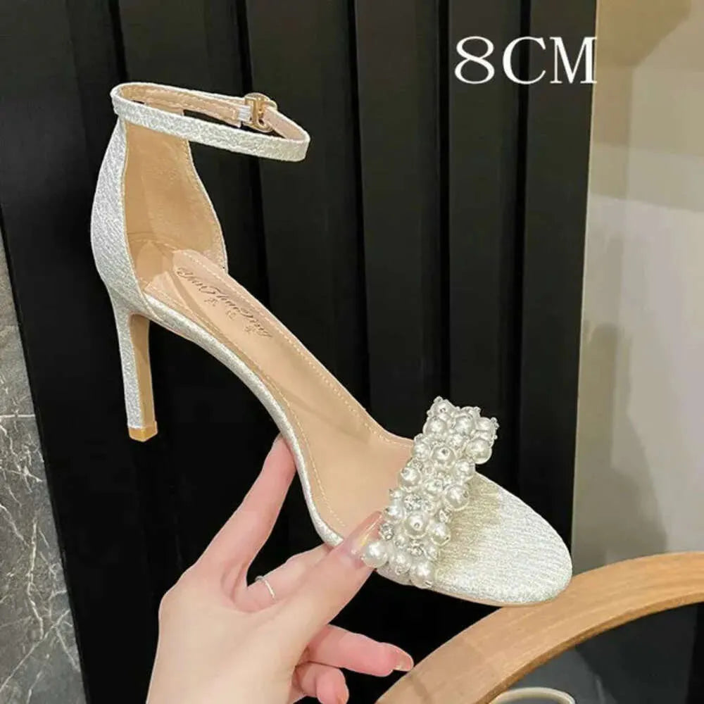Summer New French Sandals Thin Heel Round Head Open Toe Fashion Korean Version Pearl White High Heels Kq8