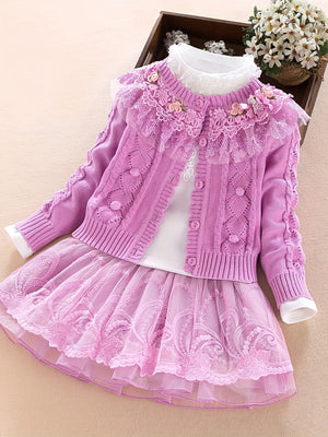 3pcs Knitwear Set For Girls, Lace Collar Knit Cardigan + Mock Neck Pullover + Mesh Skirt, 100% Cotton Comfy Spring/ Fall Clothes