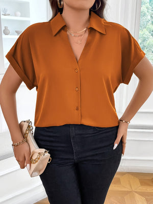 Plus Size Womens Elegant V-Neck Solid Color Shirting Blouse - Slight Stretch, Button Front, Short Sleeve, Machine Washable - Perfect for Spring, Summer, and Fall