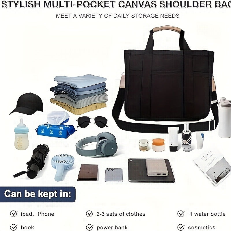 Stylish Womens Canvas Tote Satchel Bag - Spacious Multi-functional Design with Multiple Pockets, Adjustable Fixed Shoulder Straps, Durable Polyester Lining, and Timeless Elegant Style for Daily Use