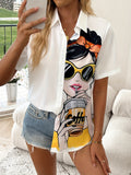 Trendy Figure Print Blouse - Eye-Catching Button Front, Short Sleeves for Spring & Summer Style - Casual Womens Clothing
