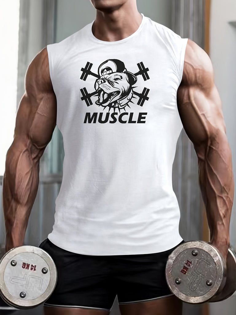 Dog Pattern Comfy Breathable Tank Top, Men's Casual Stretch Sleeveless T-shirt For Summer Gym Workout Training Basketball