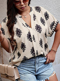 Plus Size V Neck Asymmetrical Print Blouse - Soft Slight Stretch Polyester Fabric, Casual Summer Shirting for Women - Random Pattern, Woven, Non-Sheer, Short Sleeve, Relaxed Fit