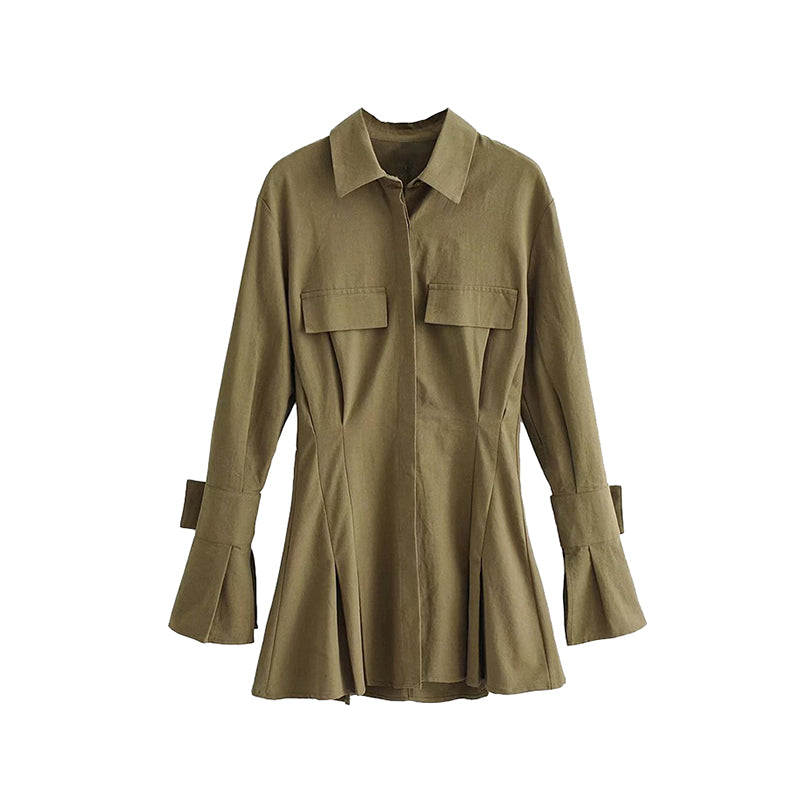goosudu Chelly Solid Color Slim Long Sleeves Shirt Pleated Button Up Waist Short Mini Dress