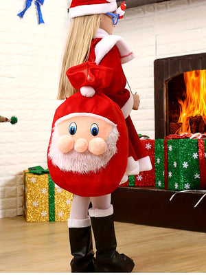 Red & White Velvet Girls' Warm Christmas Dress Up Outfit with Long Sleeve, Faux Furry, Spliced Standing Collar, Poncho, Hat & Bag for Party