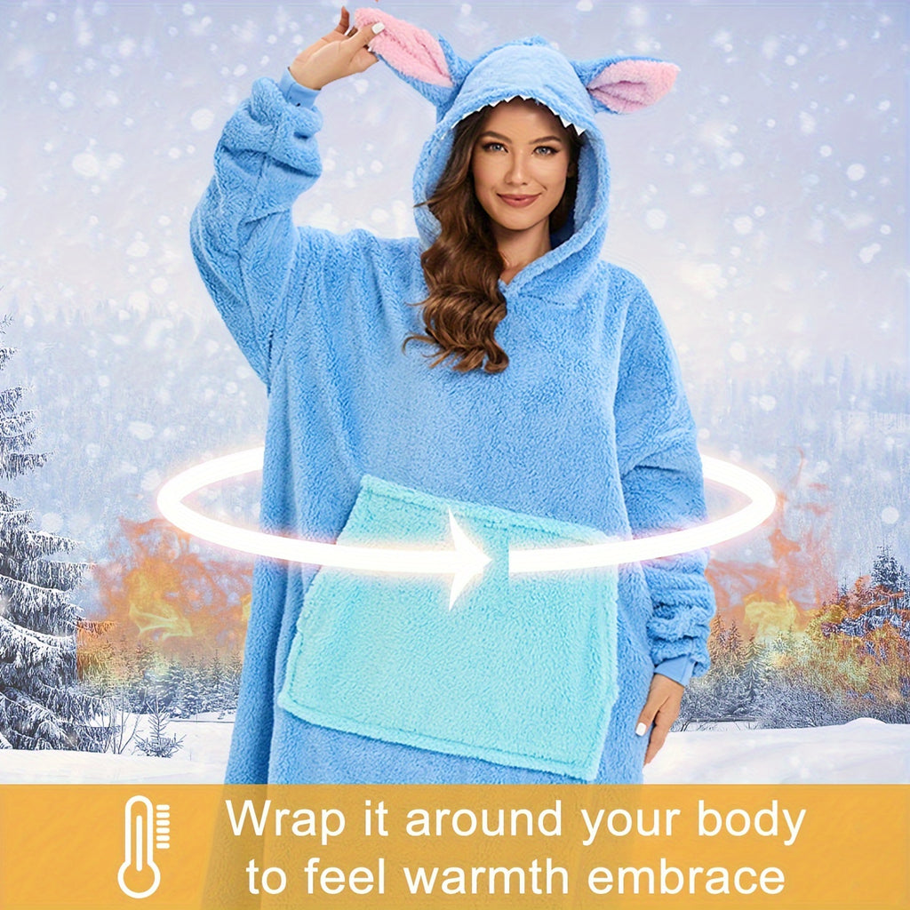 Contemporary Animal Theme Wearable Blanket - Machine Washable, Cozy Cartoon Hooded Plush Long Lounge Robe with Elastic Cuffs, Knitted Polyester & Spandex, Special Features Warm Wearable Blanket
