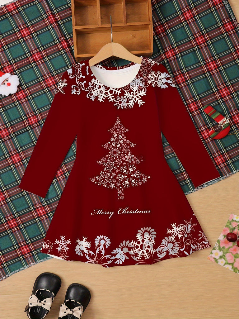 Girls' Festive Snowflake Christmas Dress - Knee-Length, Long Sleeve, Crew Neck with Embroidered Details - Perfect for Holiday Parties & Gifts, Ages 2-13