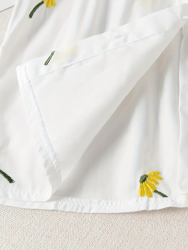 Adorable Girls Delicate Ruffle Flower Embroidered Shirt - Stylish Button Front for Spring & Fall Parties - Versatile Wardrobe Essential