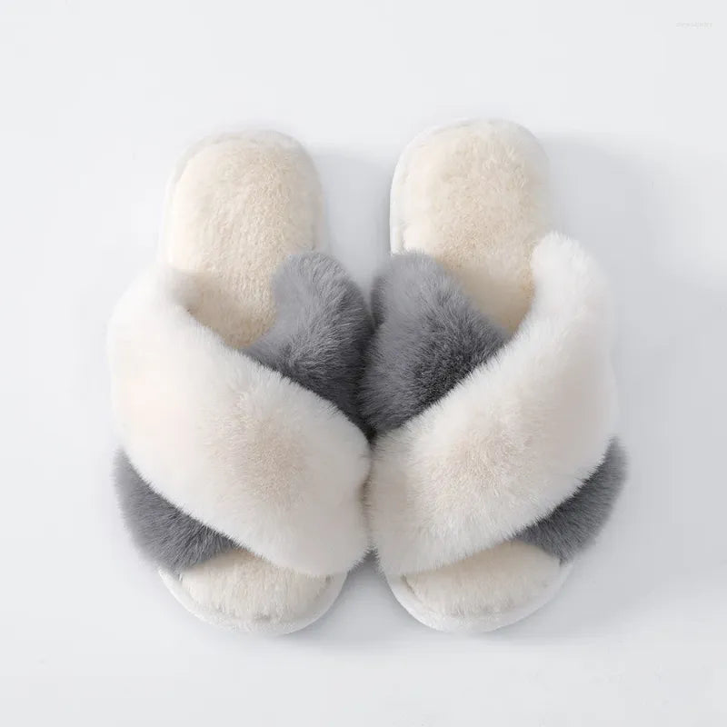 Slippers Women Men Winter Plush Cross Band Cotton Slipper Open Toe Fuzzy Warm Woman House Indoor Shoes
