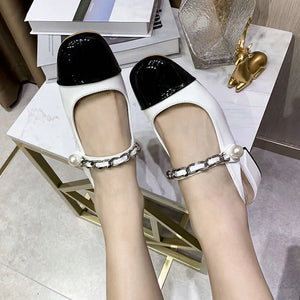 Spring New Mary Jane Sandals Square Head Pearl Chain Thick Heel Single Shoe With Empty Back Kq8