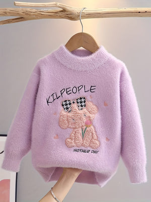 Girls Knit Sweater 'Girl & Snowflake' Pattern Embroidery Pullover Top Round Neck Knitwear For Fall Winter