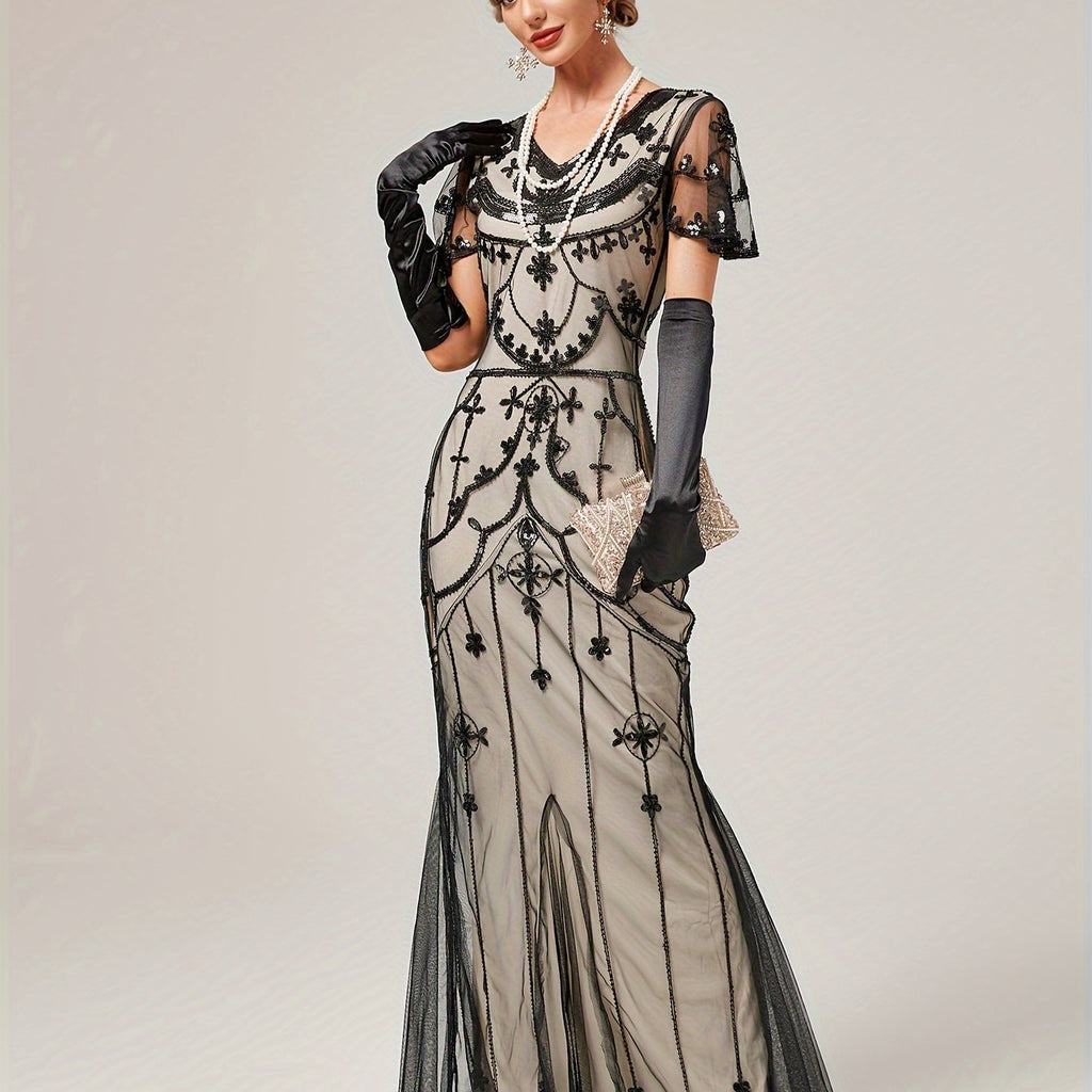 Vintage Long Length Embroidered Wedding Dress - Stunning Sequin Crew Neck Fitted Gown for Women - Polyester, No Elasticity, Woven, Perfect for Party, Banquet, Engagement, Ceremony and Special Occasions