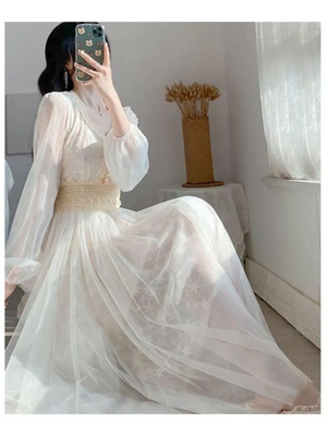 Women Mesh Lace Crochet Dresses V-neck Elegant Prom Puff Sleeves Dress Women Summer Dot Prom Party Sexy Slim Swing Long Dress