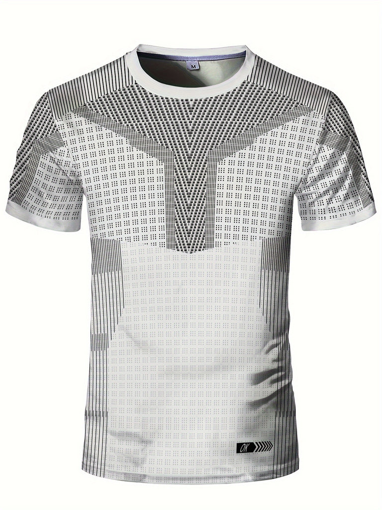 Men's Stylish Geometric Print Performance T-Shirt - High-Stretch, Quick-Dry, Breathable Crew Neck Top for Running, Yoga, Training - Short Sleeve, Cool Feel, Skinny Fit, Summer Athletic Wear for Active Men