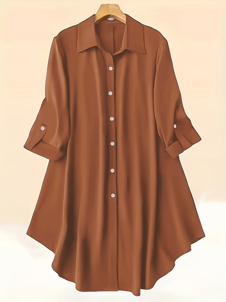 Plus Size Solid Collared Button Shirt - Relaxed Fit for Ultimate Comfort, Classic Long Sleeves, Stylish Solid Collar, and Button Front - Perfect for Transitioning Seasons (Spring & Fall), Designed Specifically for Plus Size Women