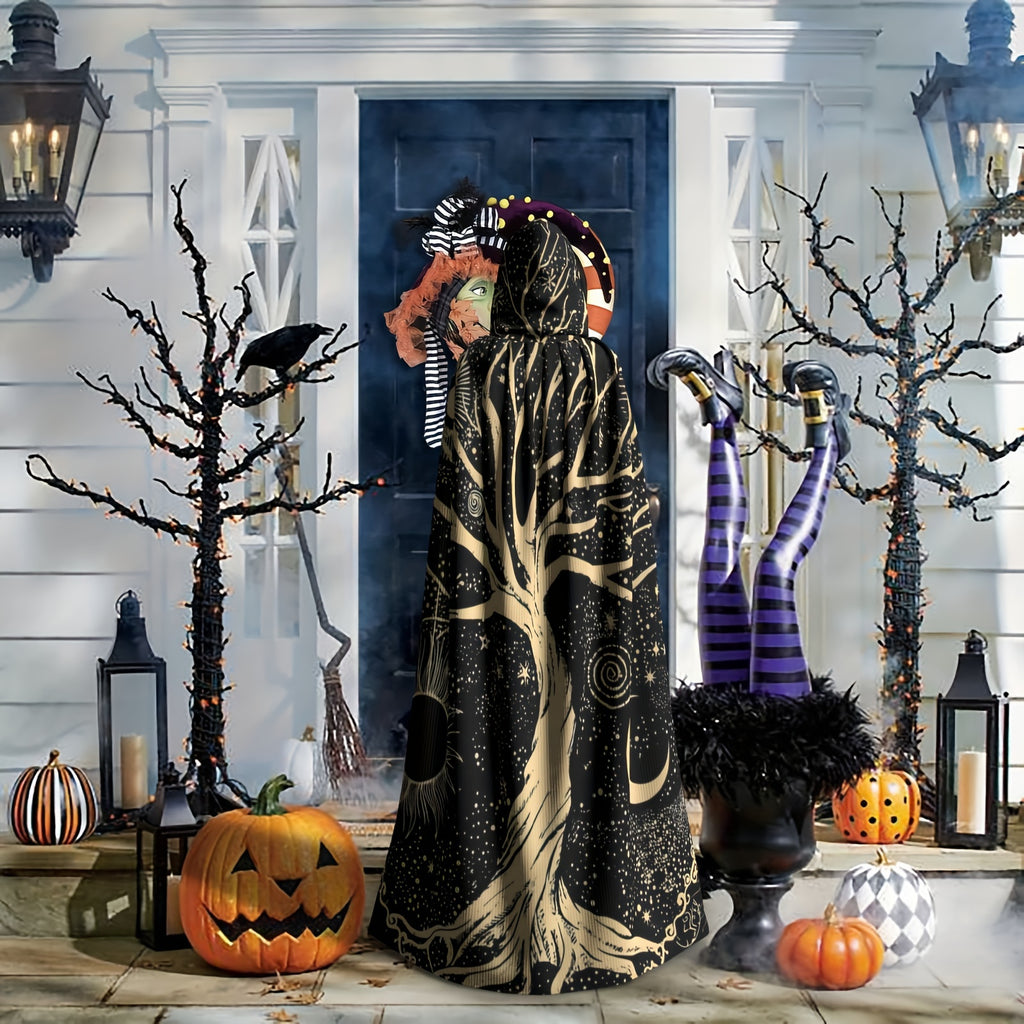 Unisex Viking-Inspired Hooded Cloak-Tree of Life & Celestial Design-Soft Shawl for Cosplay & Parties, 58*60inch, 1pc