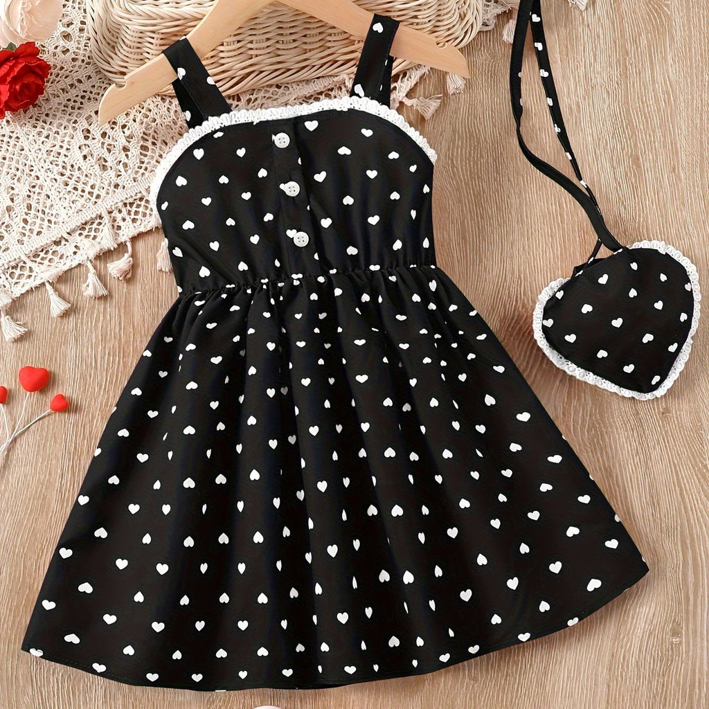 Toddler Girls Heart Graphic Lace Trim Button Pocket Princess Cami Dress With Bag For Party Kids Summer Clothes