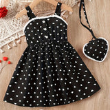 Toddler Girls Heart Graphic Lace Trim Button Pocket Princess Cami Dress With Bag For Party Kids Summer Clothes