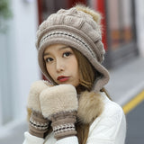 Winter Knit Beanie and Fingerless Gloves Set for Women, 100% Polyester Furry Hat with Ear Warmer - Elastic Yarn-Dyed Knitted Cap and Gloves Combo, Fashionable Cold Weather Accessories