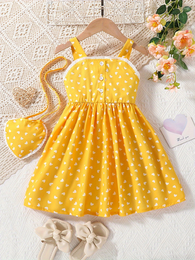 Toddler Girls Heart Graphic Lace Trim Button Pocket Princess Cami Dress With Bag For Party Kids Summer Clothes