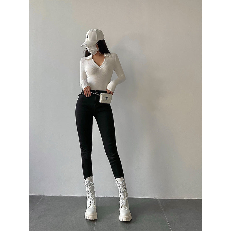 goosudu Galia Solid Color Denim High Waist Pencil Leg Skinny Jeans Pants